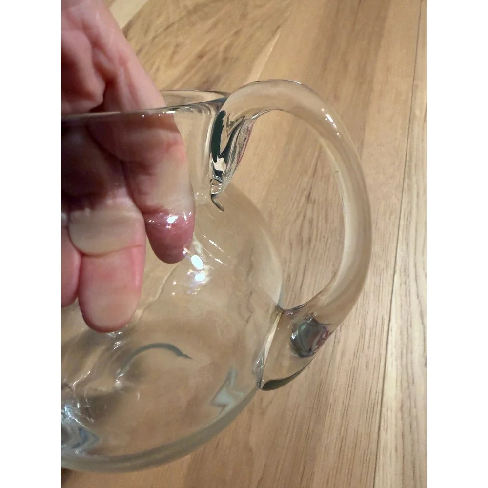 Vintage Hand Blown Glass Juice Pitcher Clear Off White Plastic Lid MCM Style
